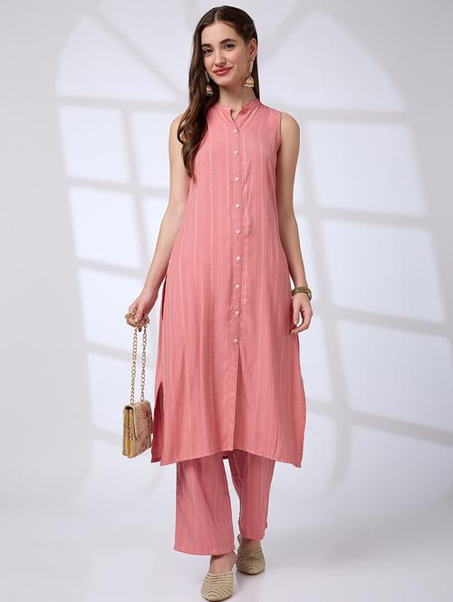 globus women pink mandarin collar woven design front slit a-line kurta with pants workwear set - 21738563 - Standard Image - 0