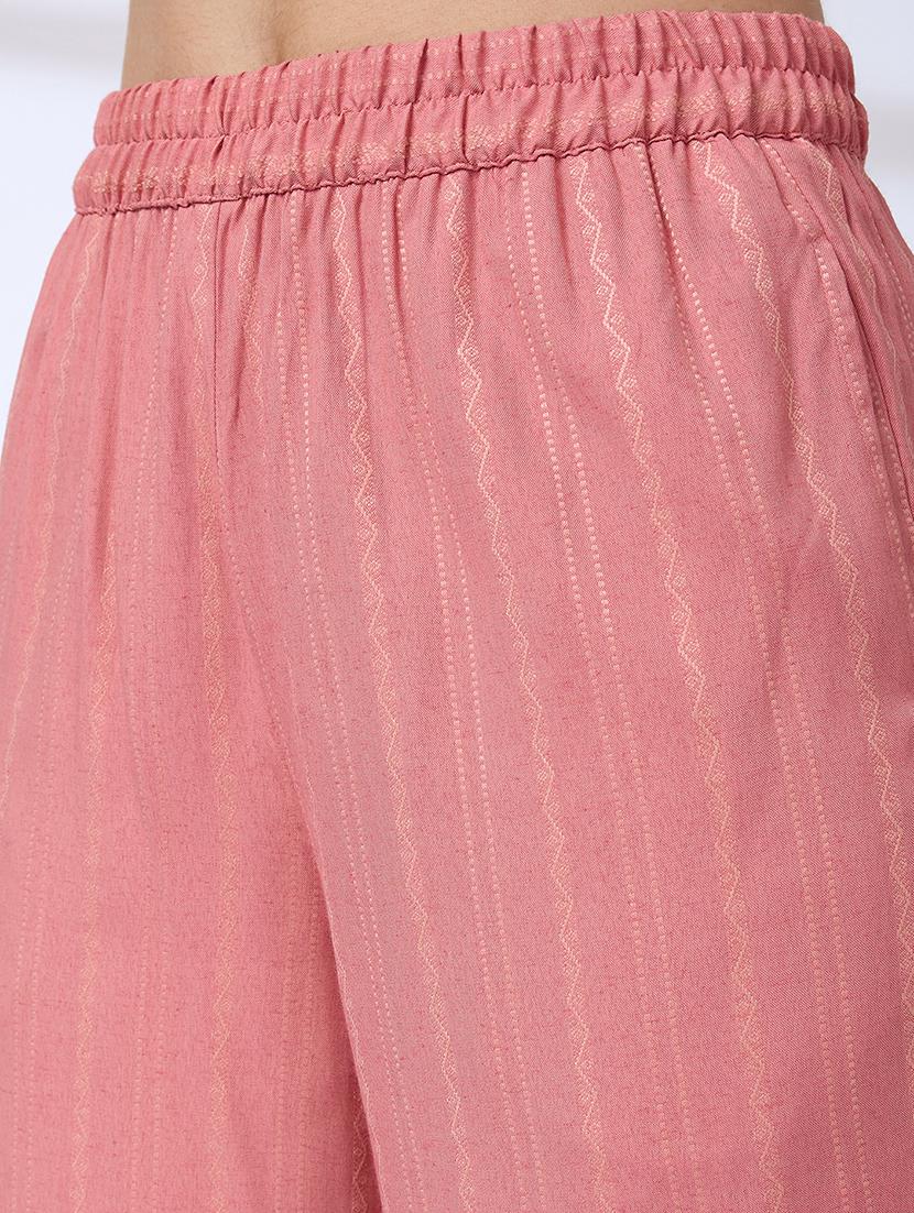 globus women pink mandarin collar woven design front slit a-line kurta with pants workwear set - 21738563 - Standard Image - 5