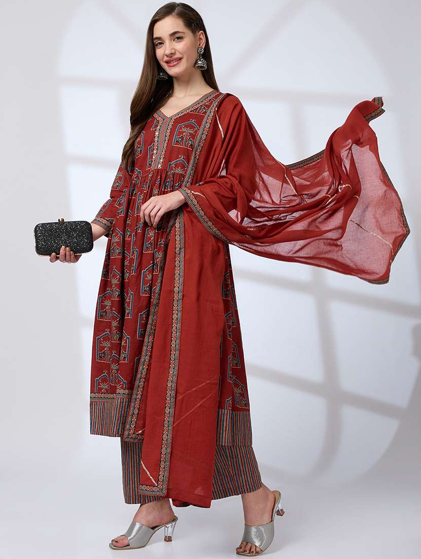 globus women maroon v-neck ethnic print mirror work pleated a-line kurta with striped pants & gotta lace dupatta workwear set - 21738570 - Zoom Image - 0