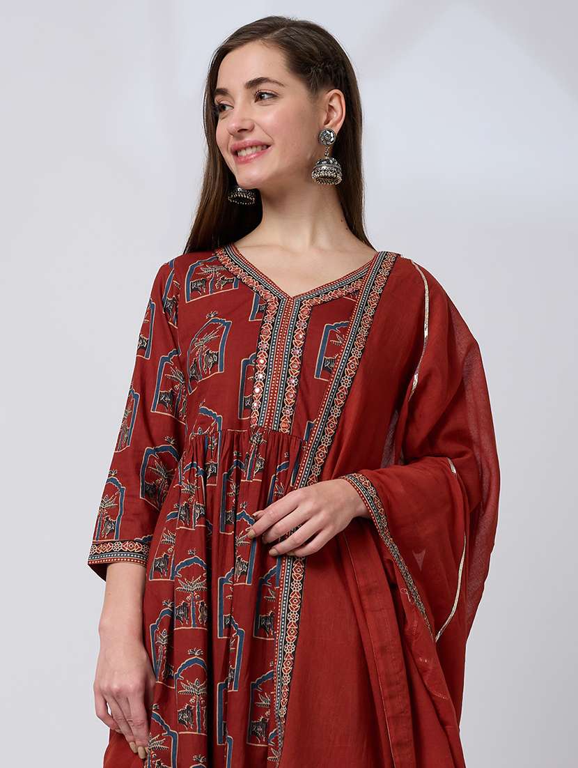 globus women maroon v-neck ethnic print mirror work pleated a-line kurta with striped pants & gotta lace dupatta workwear set - 21738570 - Standard Image - 3