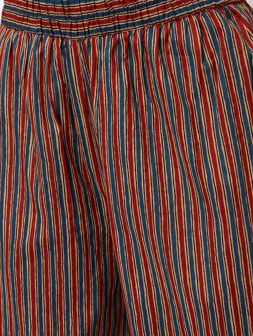 globus women maroon v-neck ethnic print mirror work pleated a-line kurta with striped pants & gotta lace dupatta workwear set - 21738570 - Standard Image - 5