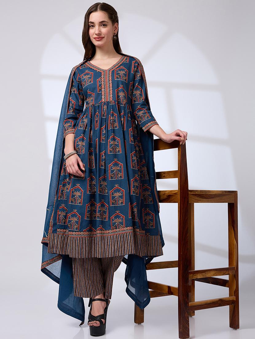 globus women blue v-neck ethnic print mirror work pleated a-line kurta with striped pants & gotta lace dupatta workwear set - 21738571 - Zoom Image - 0