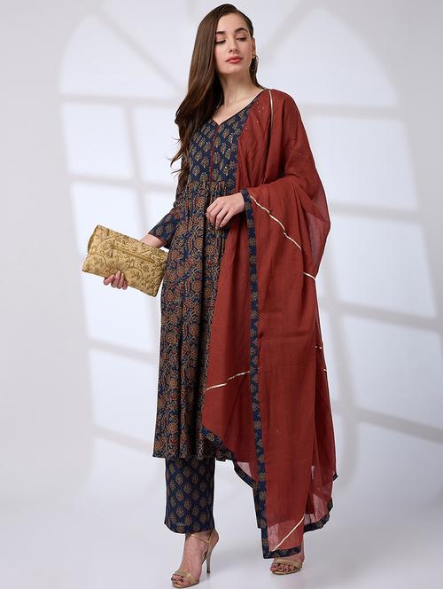 globus women teal v-neck floral print sequinned pleated a-line kurta with pants & gotta lace dupatta workwear set - 21738572 - Standard Image - 0