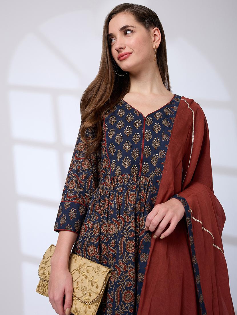 globus women teal v-neck floral print sequinned pleated a-line kurta with pants & gotta lace dupatta workwear set - 21738572 - Standard Image - 3