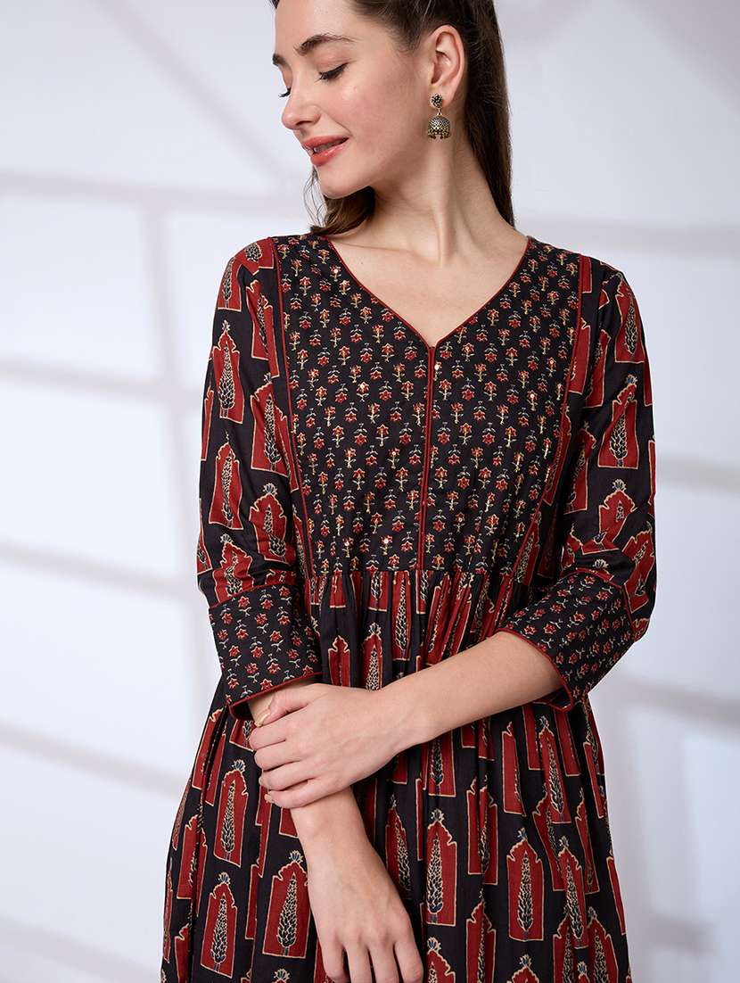 globus women black v-neck ethnic print sequinned pleated a-line kurta with pants & gotta lace dupatta workwear set - 21738573 -  Standard Image - 3