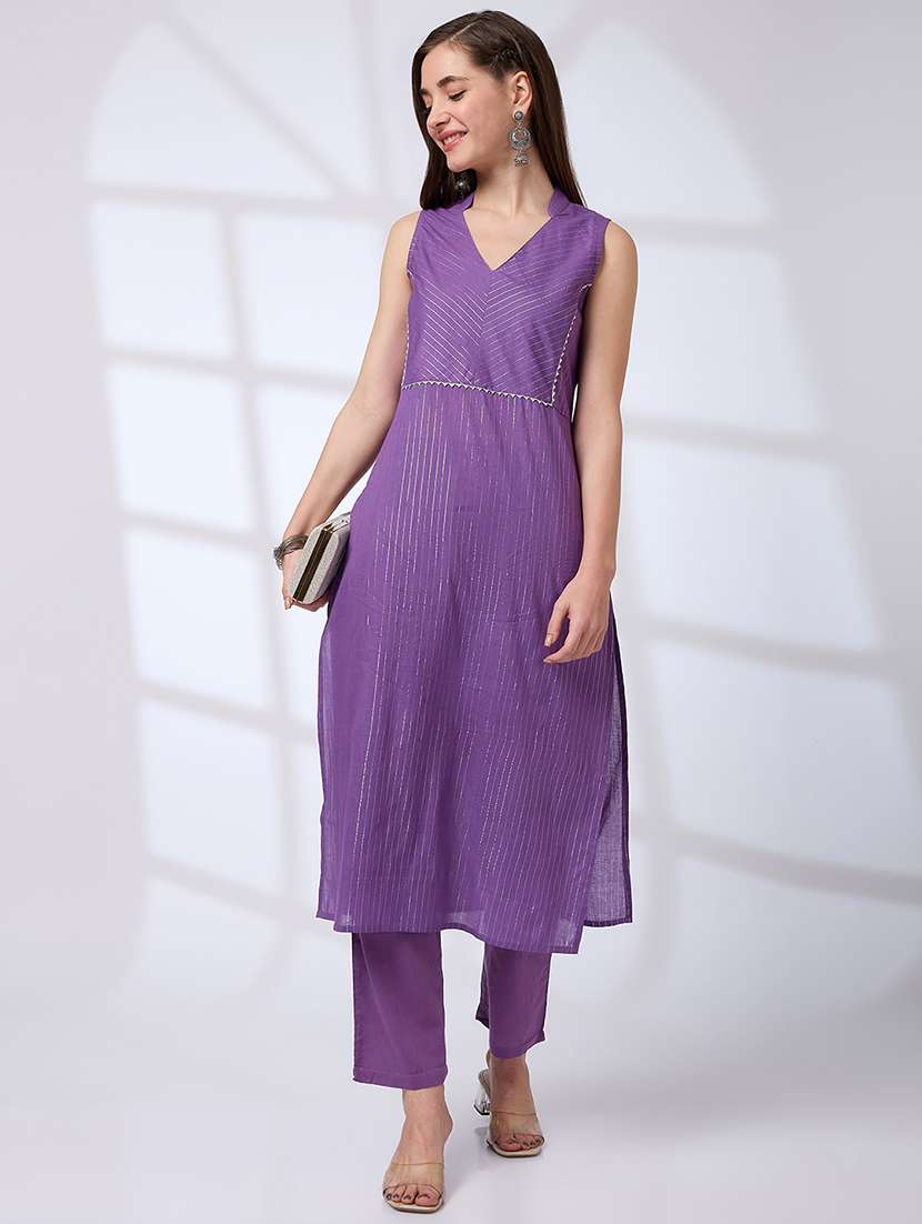 globus women lavender collared v-neck shimmer woven design gotta lace a-line kurta with pants festive set - 21738576 - Zoom Image - 0