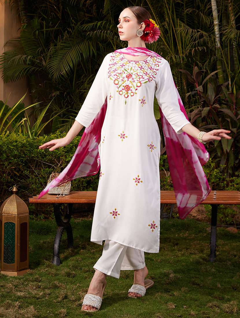globus women off white floral embroidered yoke straight kurta with pants & tie-dye gotta lace dupatta workwear set