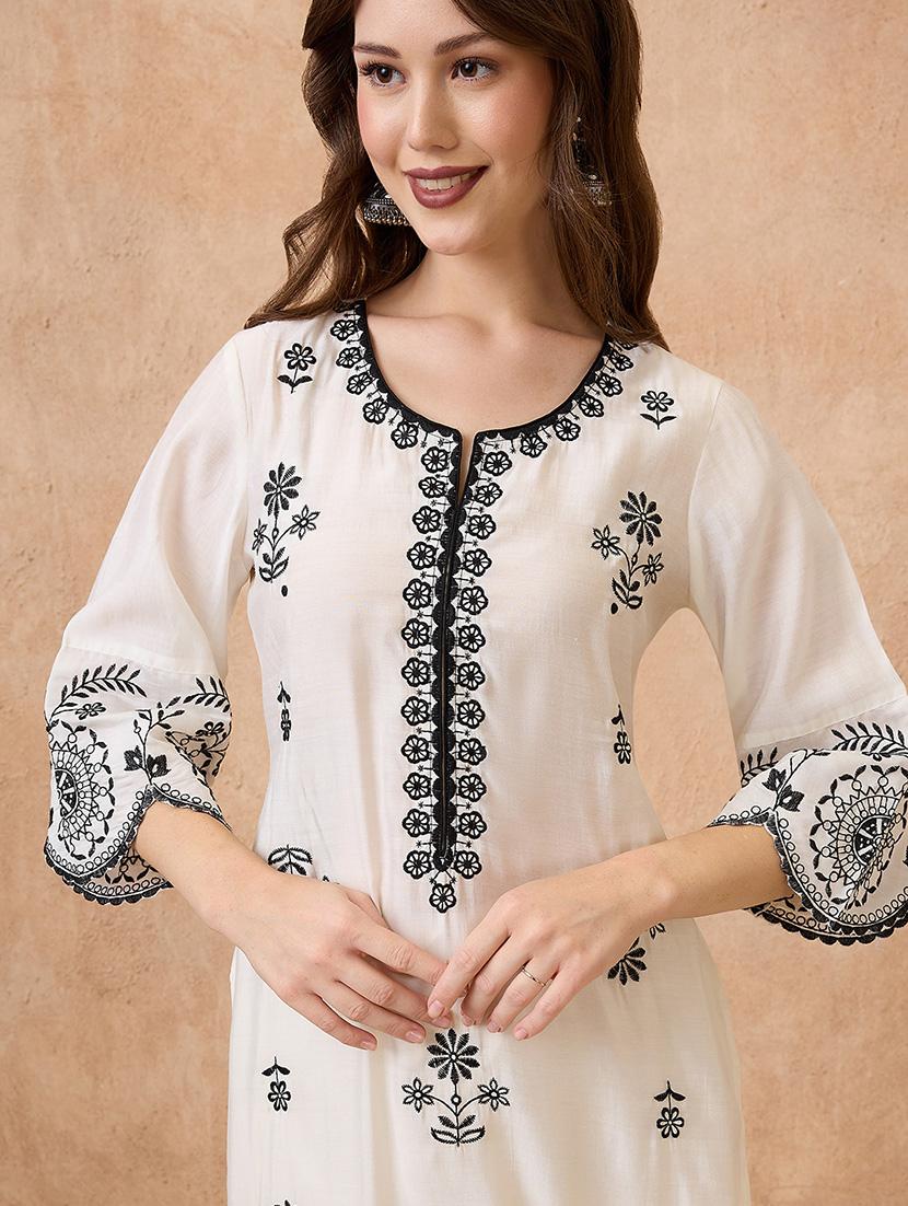 globus women off-white scalloped hem bell sleeves floral embroidered kurta & straight pant festive set - 21738587 - Standard Image - 3