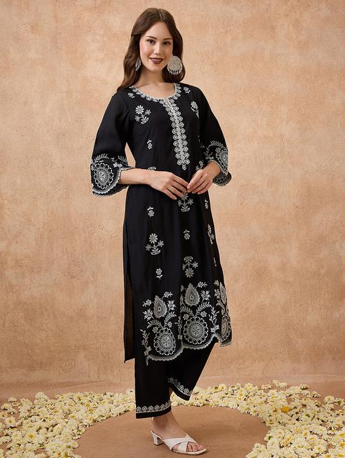 globus women black scalloped hem bell sleeves floral embroidered kurta & straight pant festive set - 21738588 -  Standard Image - 0
