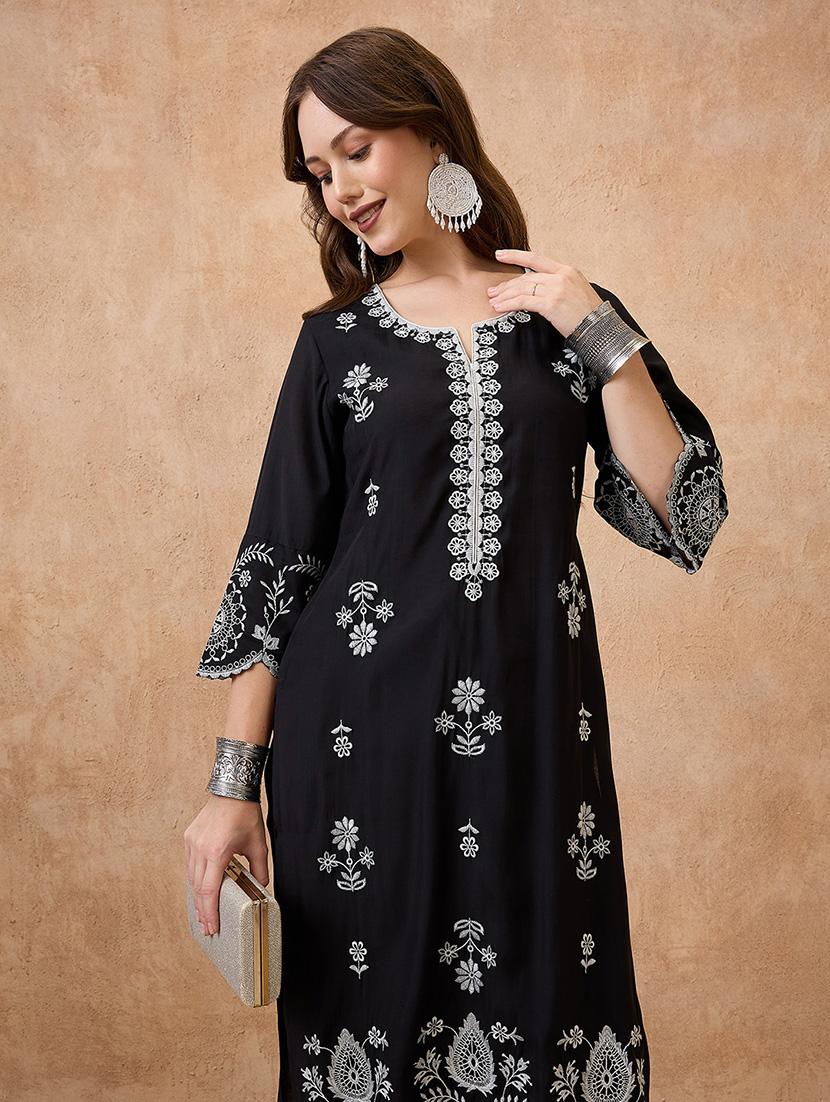 globus women black scalloped hem bell sleeves floral embroidered kurta & straight pant festive set - 21738588 - Standard Image - 3