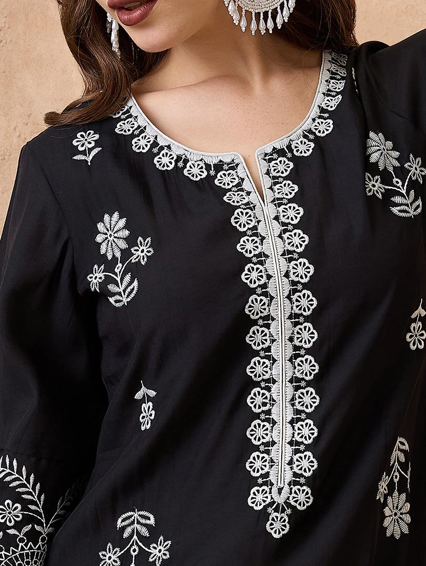 globus women black scalloped hem bell sleeves floral embroidered kurta & straight pant festive set - 21738588 - Standard Image - 5