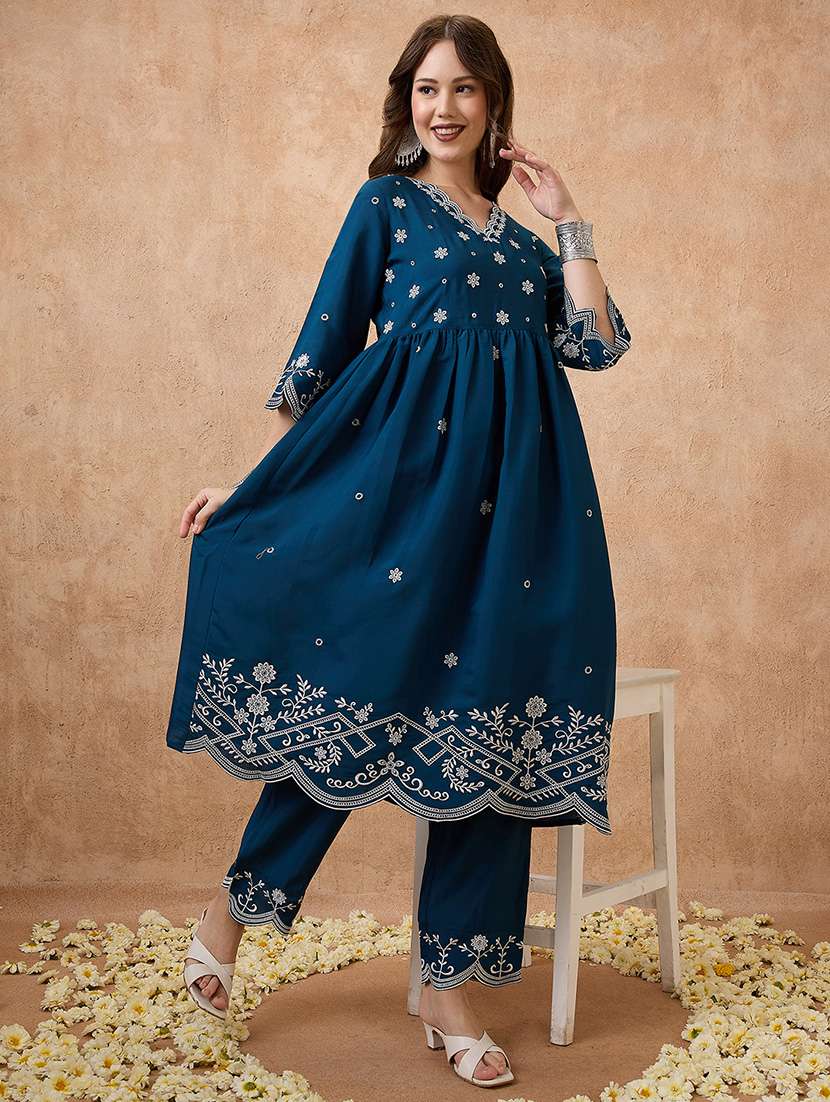 globus women navy blue floral embroidered work v-neck scalloped hem a-line kurta with pant festive set