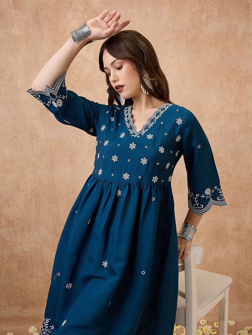 globus women navy blue floral embroidered work v-neck scalloped hem a-line kurta with pant festive set - 21738589 -  Standard Image - 3