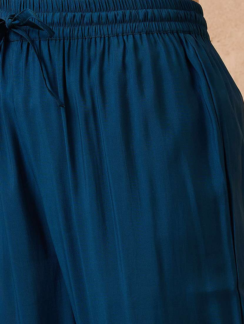 globus women navy blue floral embroidered work v-neck scalloped hem a-line kurta with pant festive set - 21738589 -  Standard Image - 5