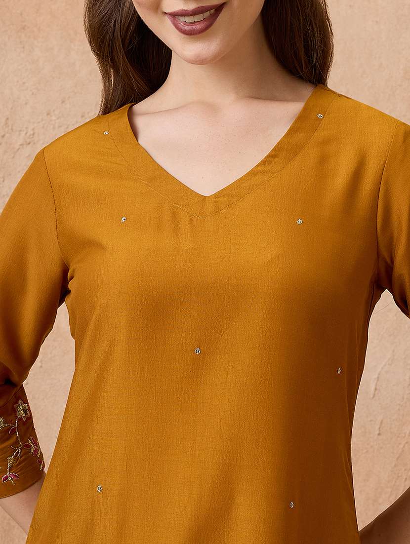 globus women mustard v-neck sequinned straight kurta with pant & contrast dupatta festive set - 21738591 -  Standard Image - 3