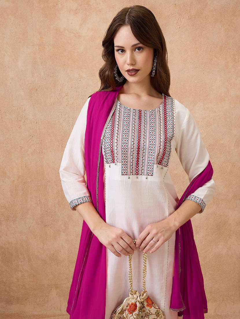 globus women off-white round neck embroidered yoke straight kurta with pant & dupatta ethnic set - 21738592 -  Standard Image - 3