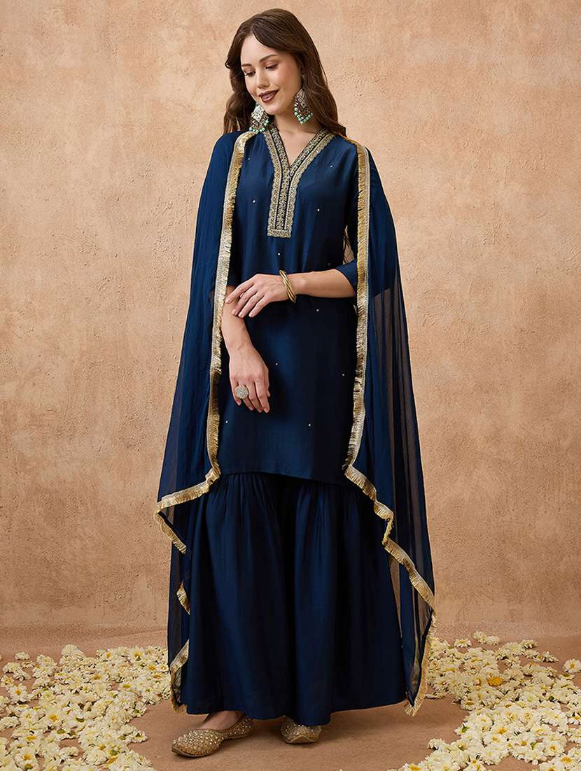 globus women navy blue sequin lace detail v-neck straight kurta with sharara & dupatta festive set - 21738593 - Zoom Image - 0