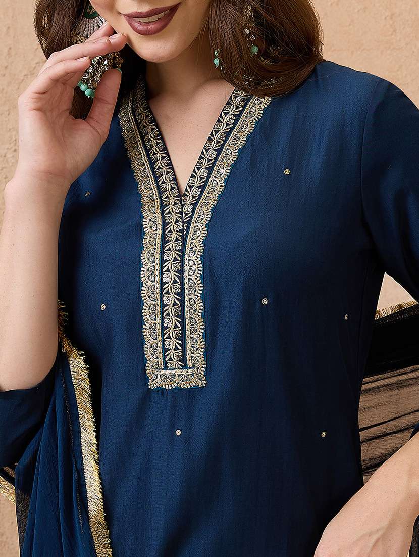 globus women navy blue sequin lace detail v-neck straight kurta with sharara & dupatta festive set - 21738593 - Standard Image - 3