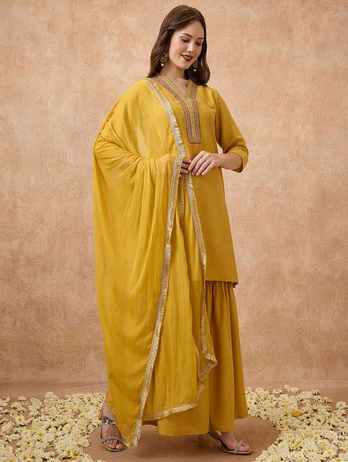 globus women yellow sequin lace detail v-neck straight kurta with sharara & dupatta festive set - 21738594 - Standard Image - 0