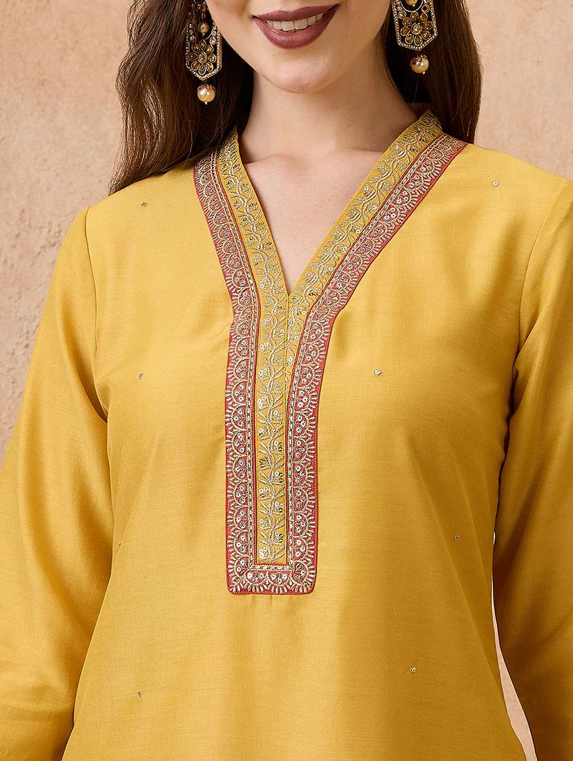 globus women yellow sequin lace detail v-neck straight kurta with sharara & dupatta festive set - 21738594 - Standard Image - 3