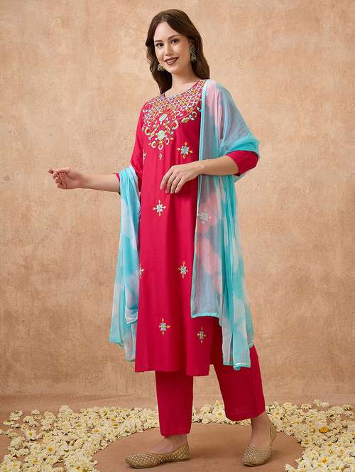 globus women pink round neck floral embroidered straight kurta with pant & tie-die dupatta workwear set - 21738595 -  Standard Image - 0