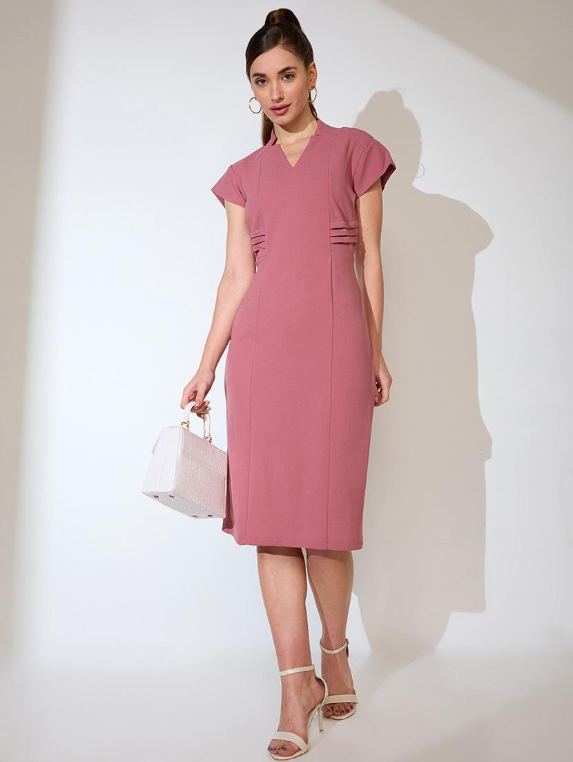 globus women pink v-neck cap sleeves sheath midi workwear dress