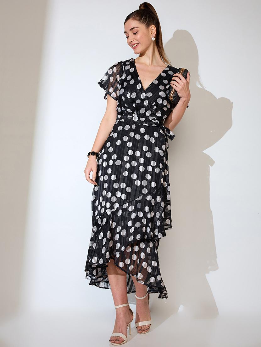 globus women black polka dot print wrap neck flared sleeves waist tie-up ruffled tulip hem a-line midi dress - 21738604 -  Zoom Image - 0
