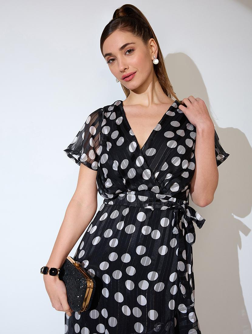 globus women black polka dot print wrap neck flared sleeves waist tie-up ruffled tulip hem a-line midi dress - 21738604 - Standard Image - 3