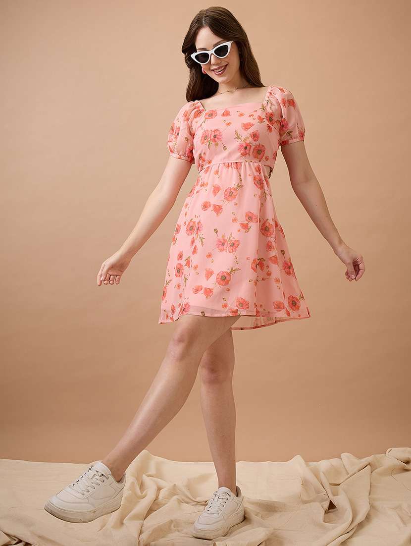 globus women pink floral printed square neck puff sleeves waist cut-out mini fit & flare dress - 21738610 -  Standard Image - 3