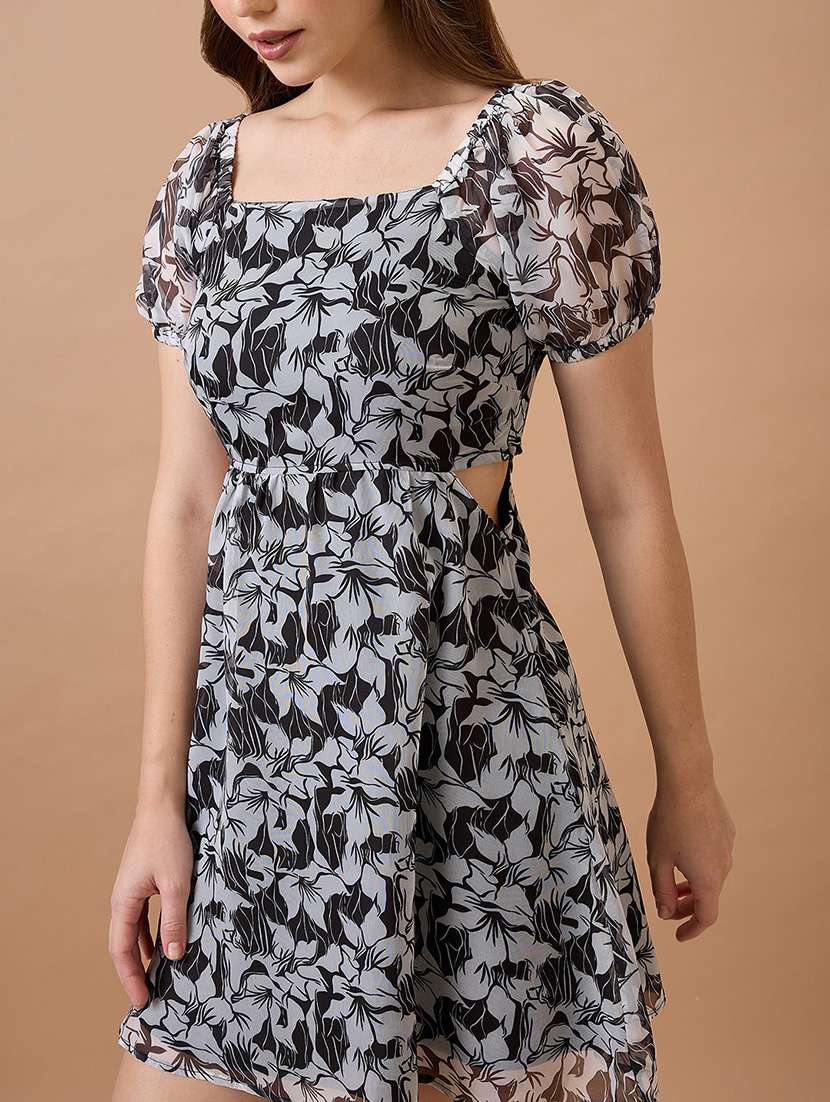 globus women black floral printed square neck puff sleeves waist cut-out mini fit & flare dress - 21738611 -  Standard Image - 3