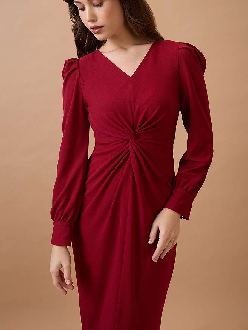 globus women maroon v-neck cuffed sleeves twisted detail midi bodycon party dress - 21738614 -  Standard Image - 3