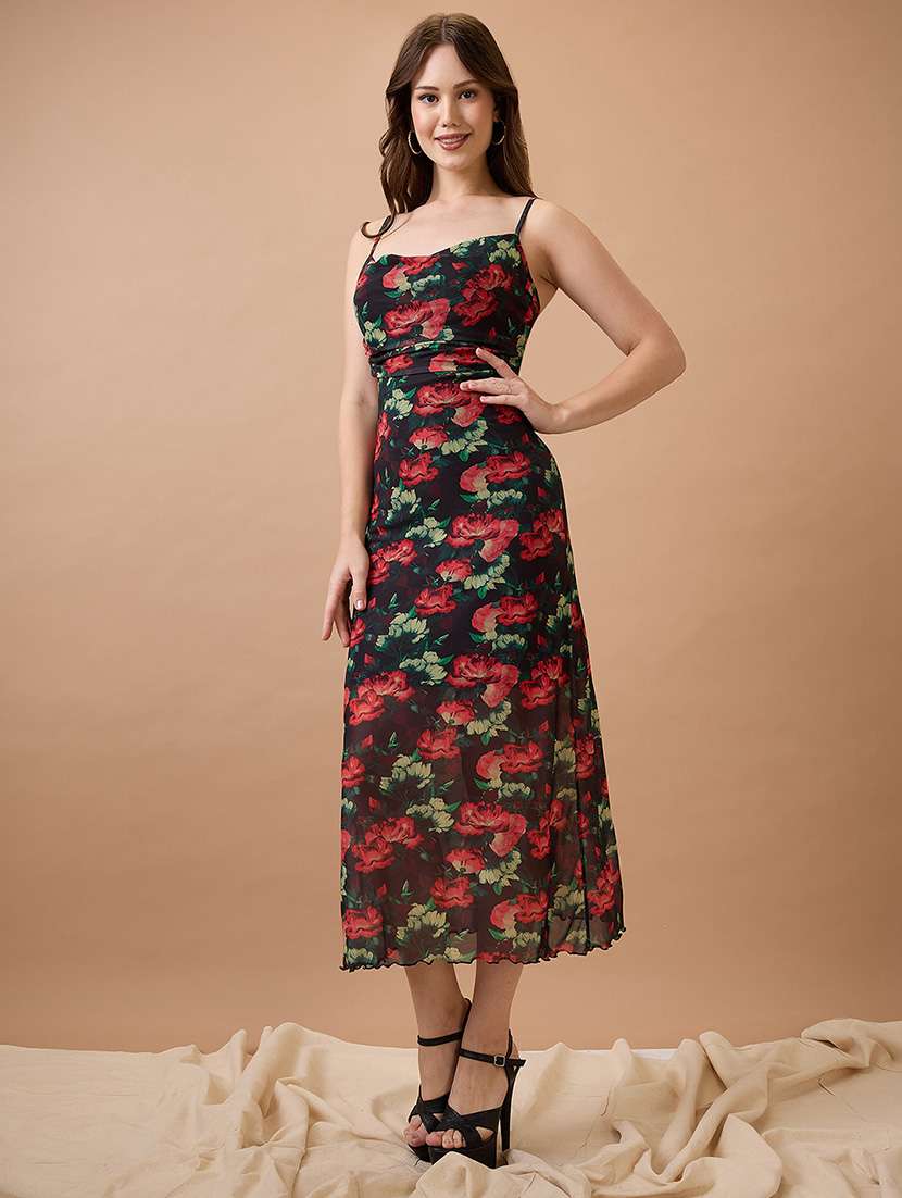 globus women black floral print strappy sleeves cowl neck back tie-up midi bodycon party dress - 21738615 -  Zoom Image - 0