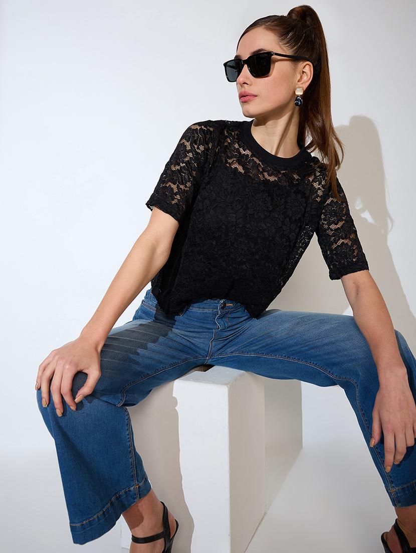 globus women black round neck short sleeves floral lace party top - 21738617 - Standard Image - 3