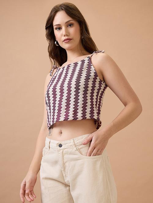 globus women maroon square neck tie-up strappy shoulder self design crochet crop top - 21738618 - Standard Image - 0