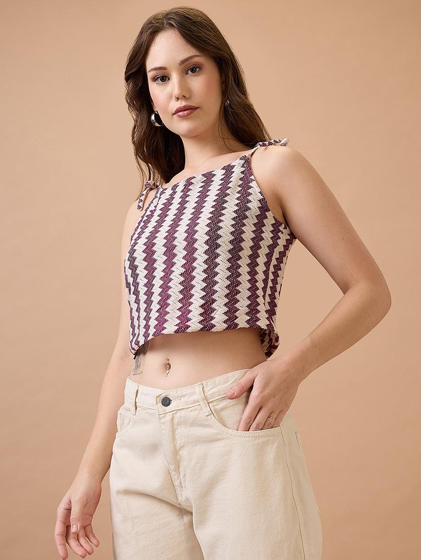 globus women maroon square neck tie-up strappy shoulder self design crochet crop top - 21738618 - Zoom Image - 0