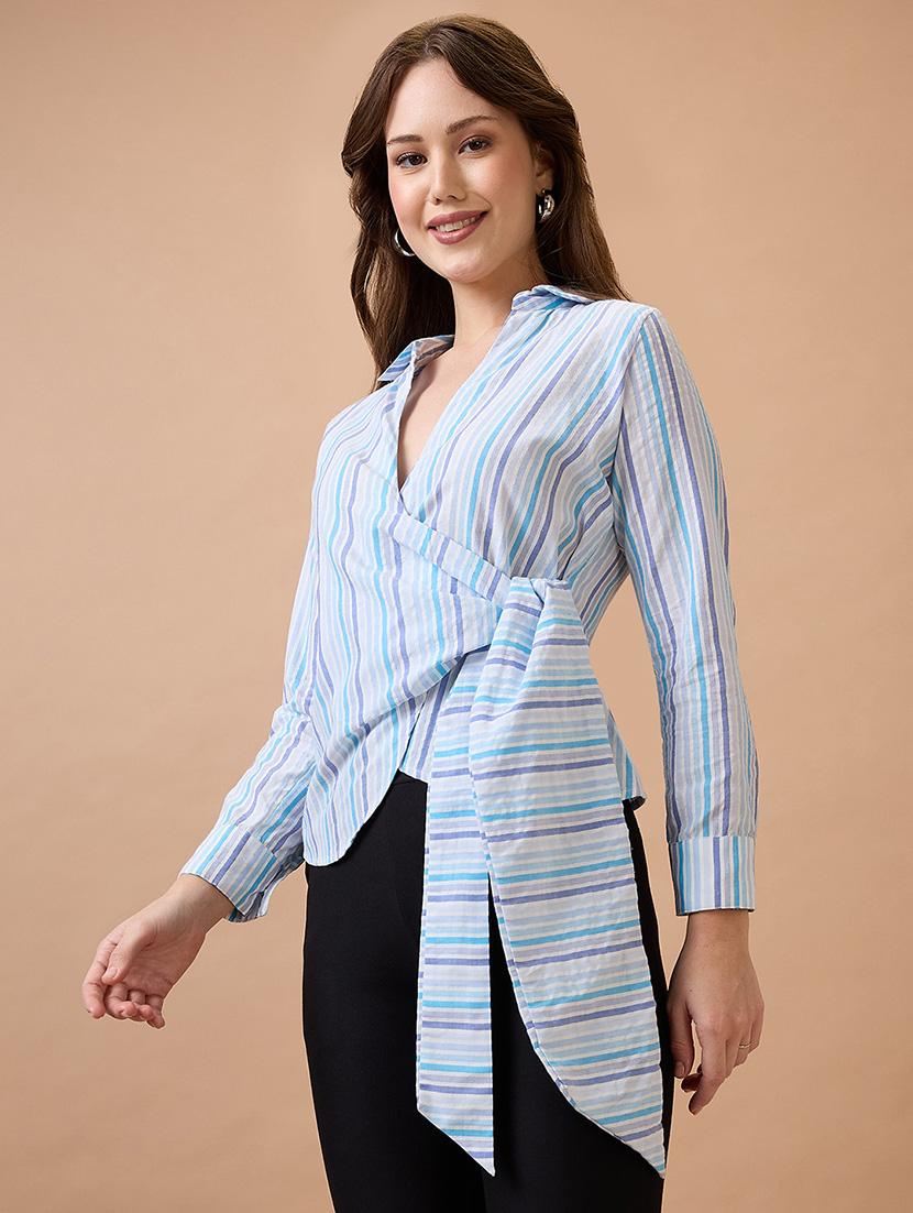 globus women blue vertical stripes cuffed sleeves shirt collar wrap waist tie-up workwear top - 21738620 - Zoom Image - 0