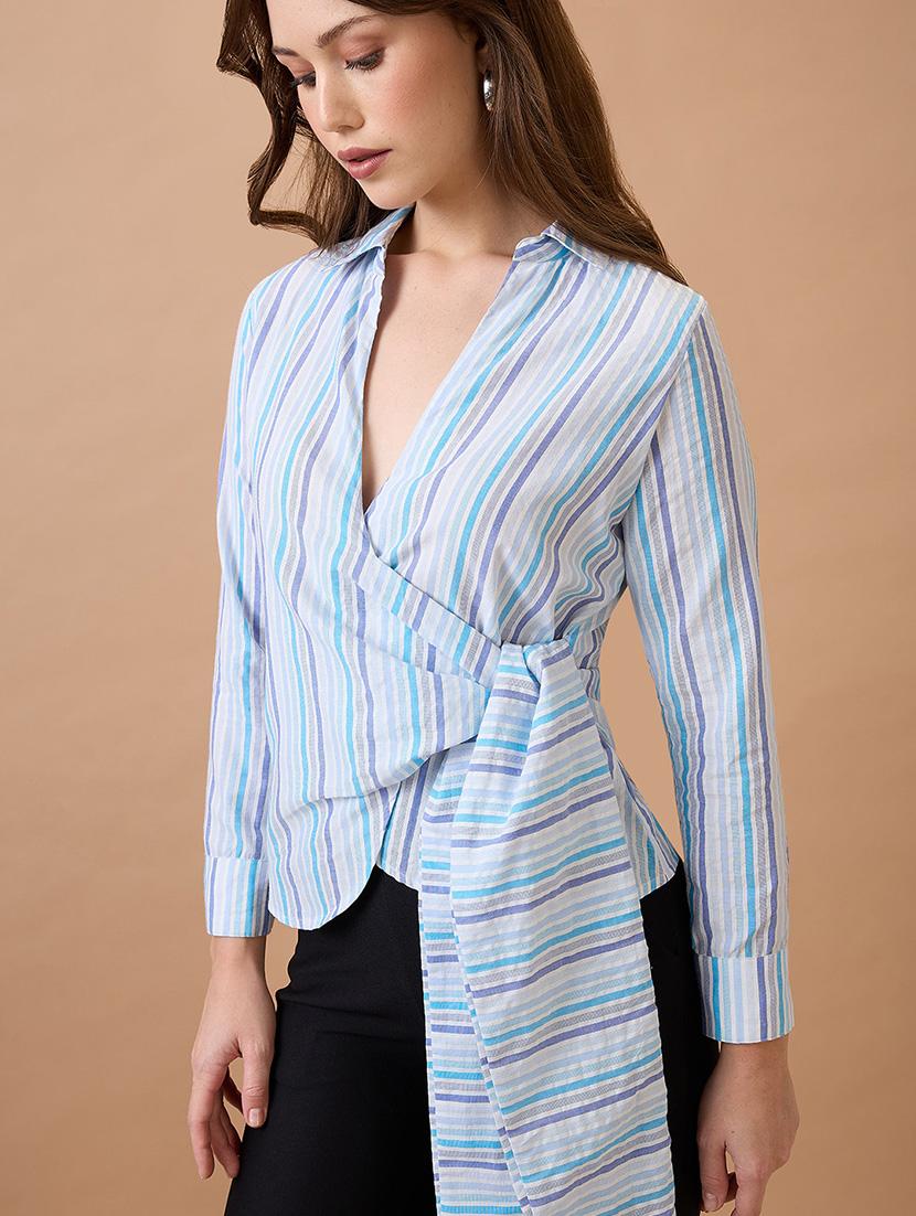 globus women blue vertical stripes cuffed sleeves shirt collar wrap waist tie-up workwear top - 21738620 - Standard Image - 3