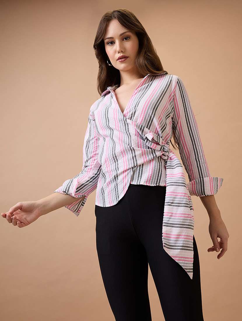 globus women multi-color vertical stripes cuffed sleeves shirt collar wrap waist tie-up workwear top - 21738621 -  Zoom Image - 0