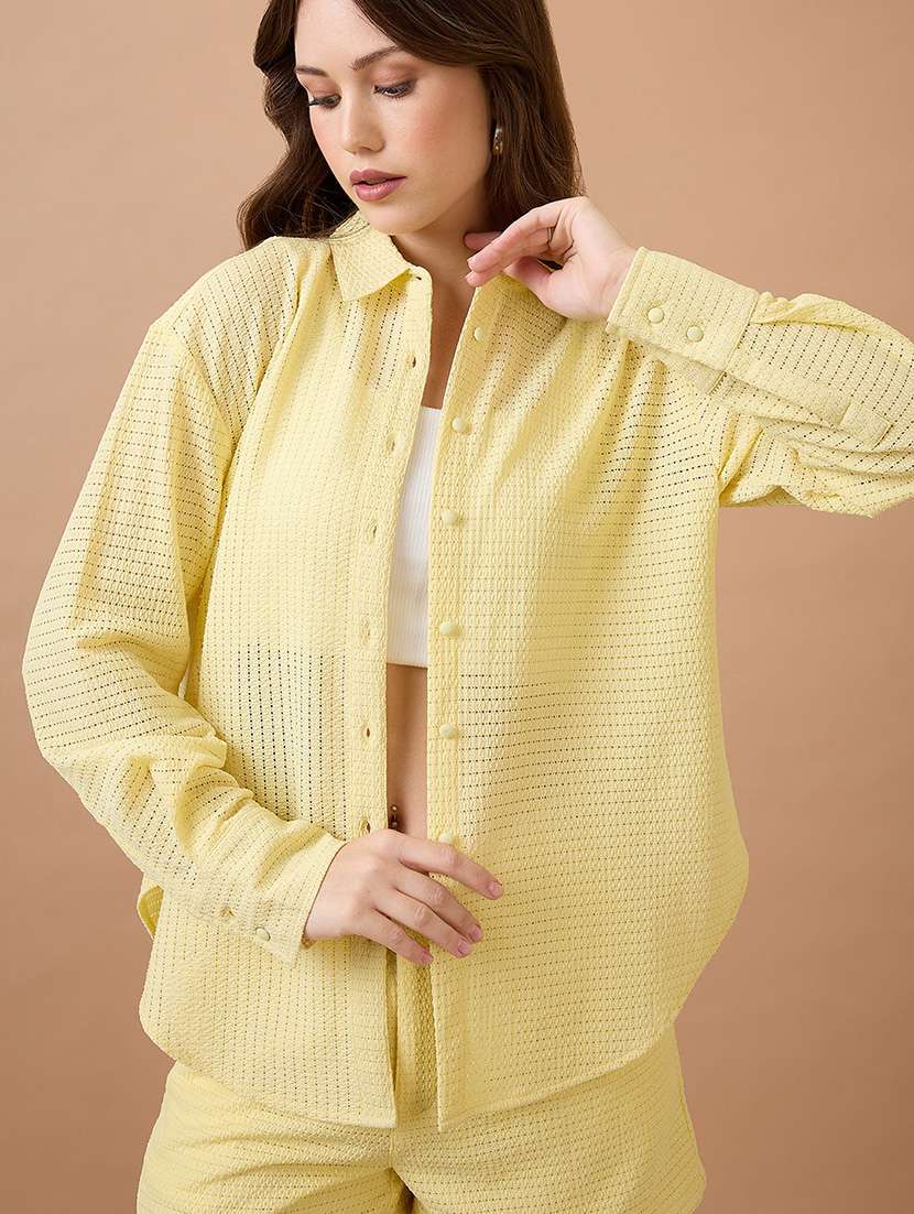 globus women yellow collared neck cuffed sleeves crochet shirt style top with shorts co-ords set - 21738622 - Standard Image - 3