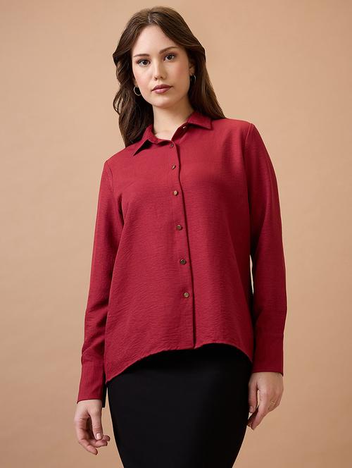 globus women maroon collared neck cuffed sleeves shirt style workwear top - 21738624 - Standard Image - 0