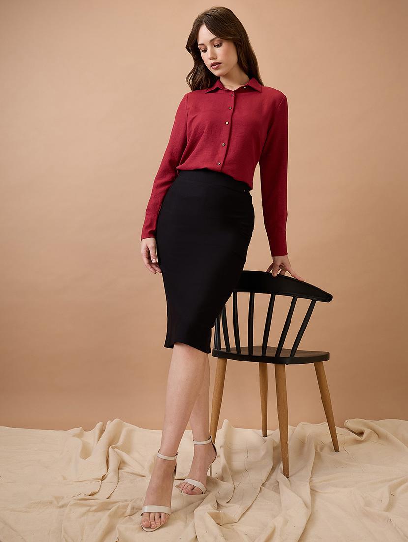 globus women maroon collared neck cuffed sleeves shirt style workwear top - 21738624 - Standard Image - 3