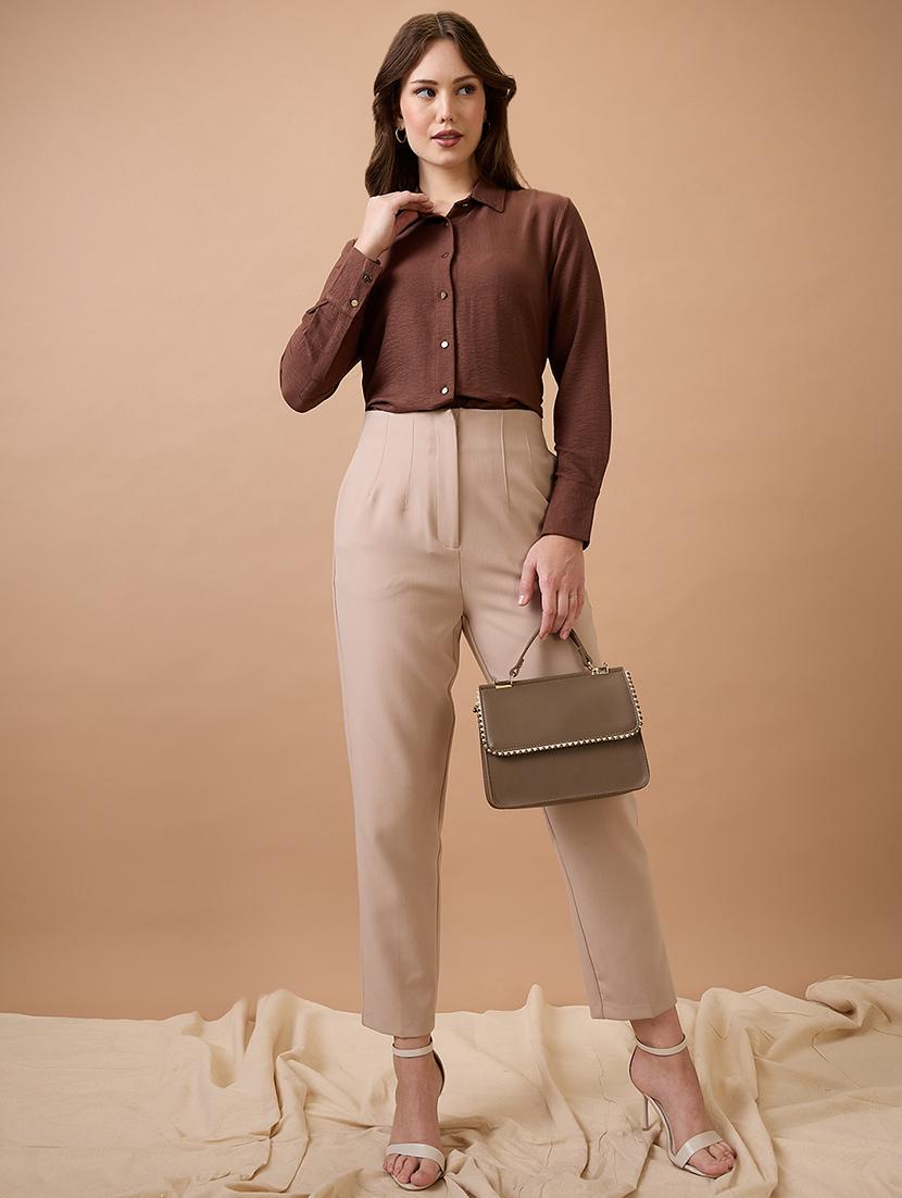 globus women brown collared neck cuffed sleeves shirt style workwear top - 21738625 - Standard Image - 3
