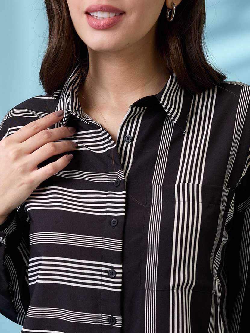 globus women black vertical & horizontal stripes collared neck cuffed sleeves oversized shirt style top - 21738627 -  Standard Image - 3