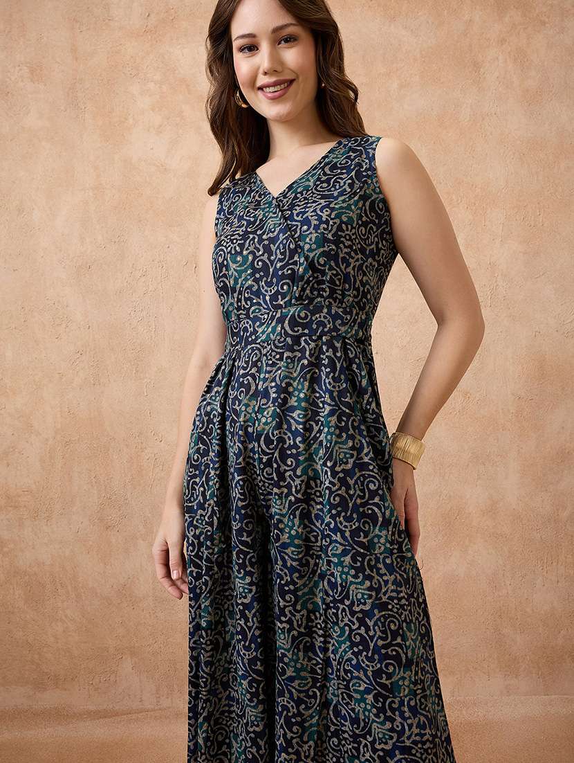 globus women blue v-neck ethnic print flared fusion jumpsuit - 21738634 -  Standard Image - 3