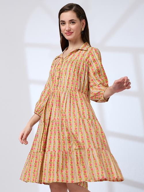 globus women yellow shirt collar regular sleeves floral print a-line tiered work wear dress - 21738641 - Standard Image - 0