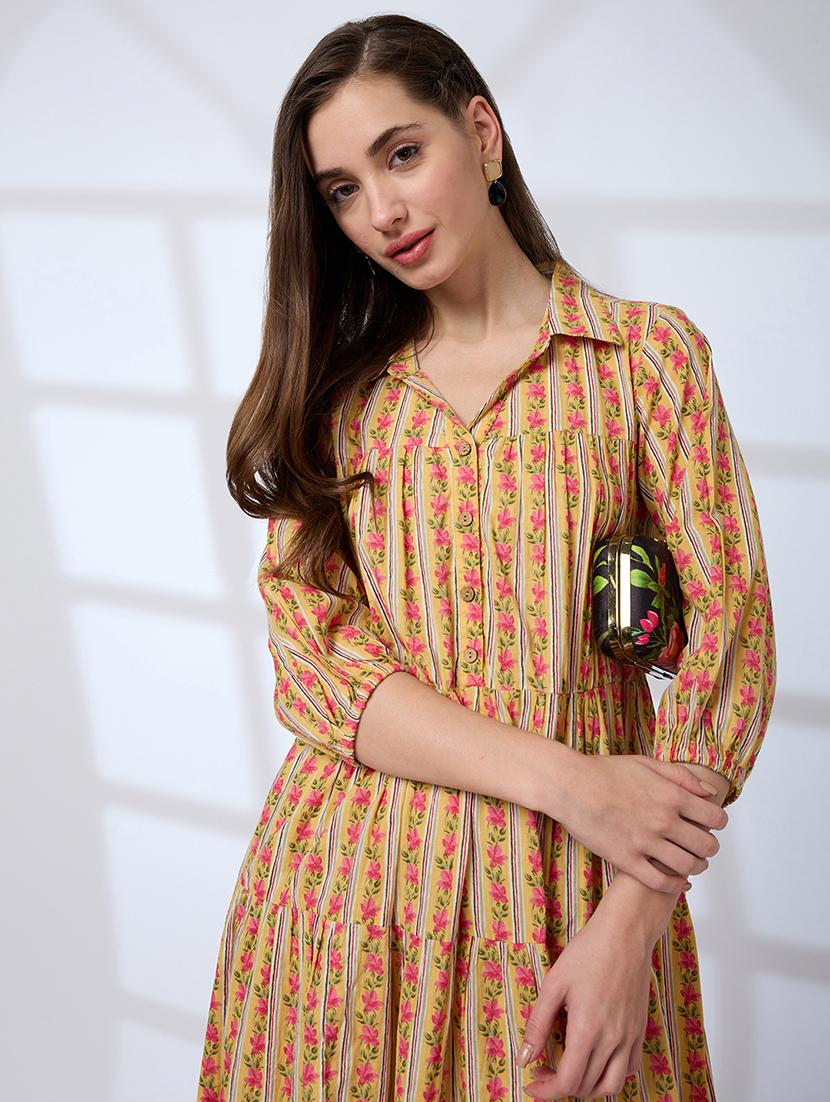 globus women yellow shirt collar regular sleeves floral print a-line tiered work wear dress - 21738641 - Standard Image - 3