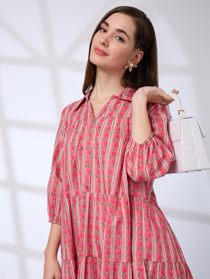 globus women pink shirt collar regular sleeves floral print a-line tiered work wear dress - 21738642 - Standard Image - 3