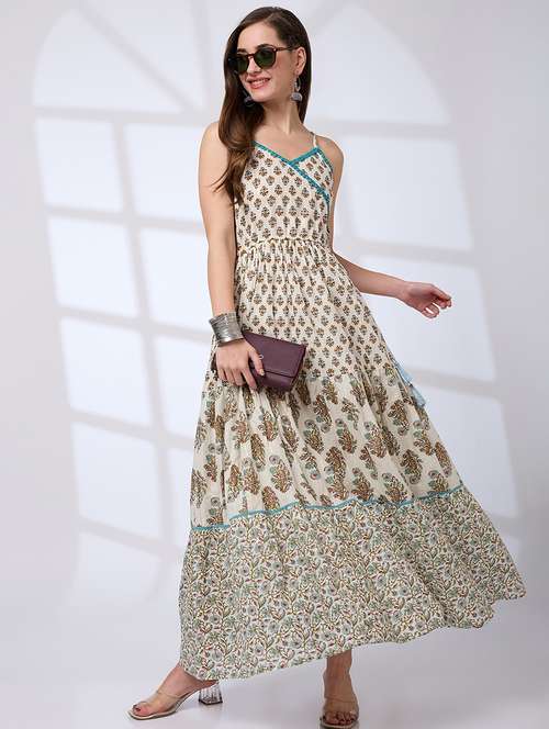 globus women blue v-neck strappy shoulder tassel waist tie-ups floral print flared hem a-line fusion maxi dress - 21738643 - Standard Image - 0