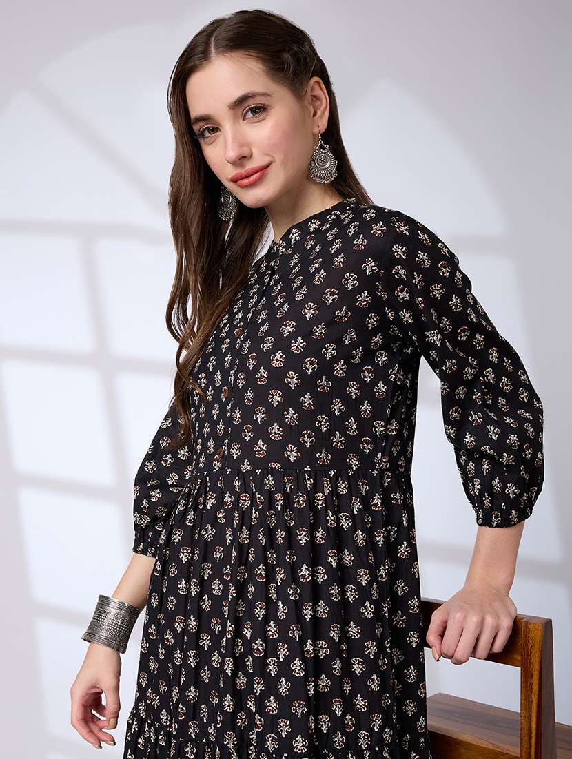globus women black cotton mandarin collar bishop sleeve ethnic print tiered a-line work wear maxi dress - 21738644 -  Standard Image - 3