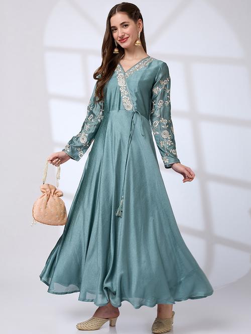 globus women sea green v-neck sequin embroidered detail tassel waist tie-ups flared hem a-line festive maxi dress - 21738645 - Standard Image - 0
